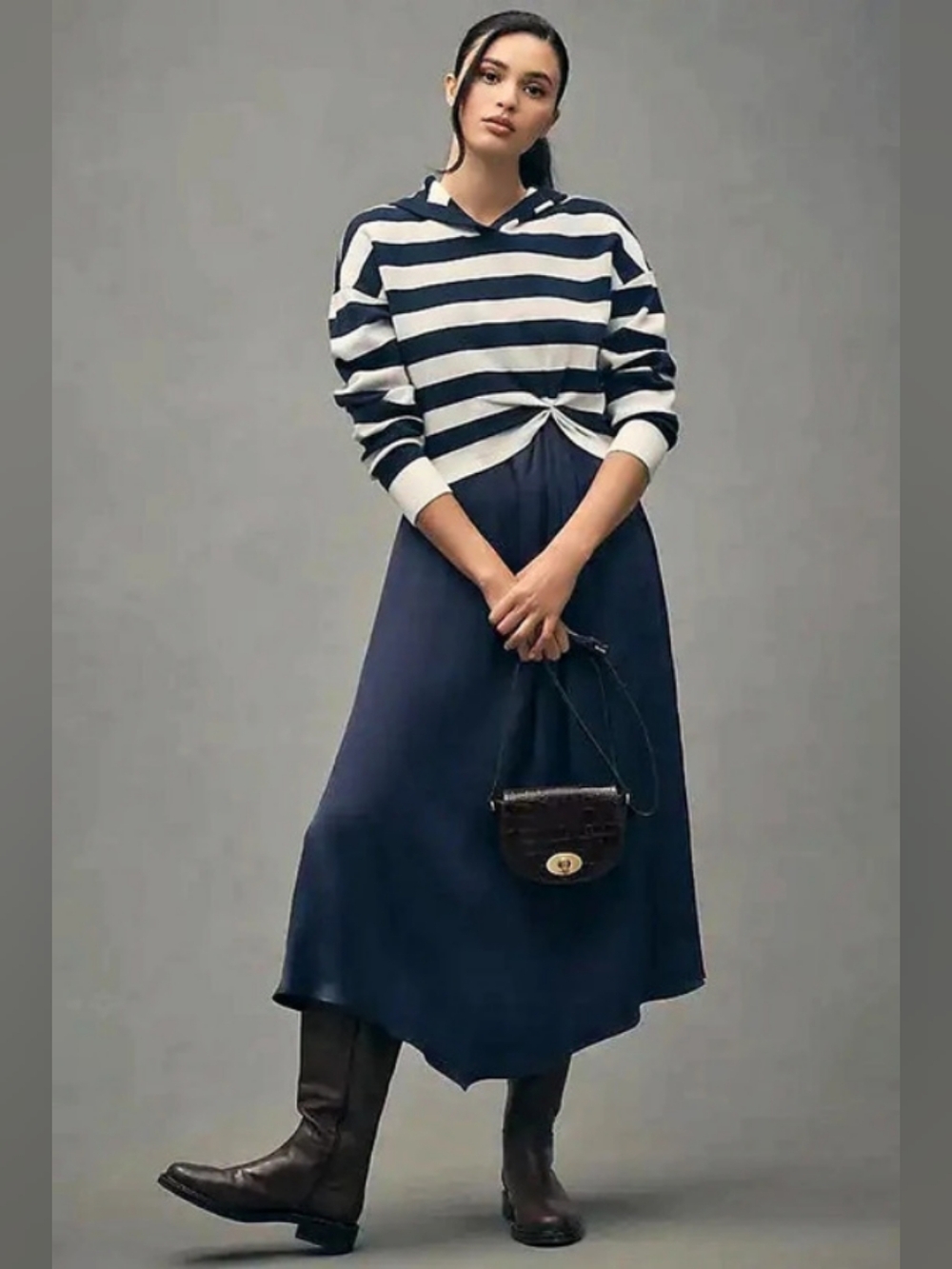 Pilcro Hooded Sweatshirt Twofer Mini Dress Blue & White